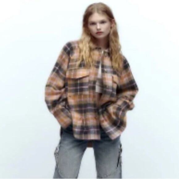 NEW Zara Oversized Plaid Shacket Overshirt Flannel Jacket Tan Pink Gray Size XL - Picture 6 of 16